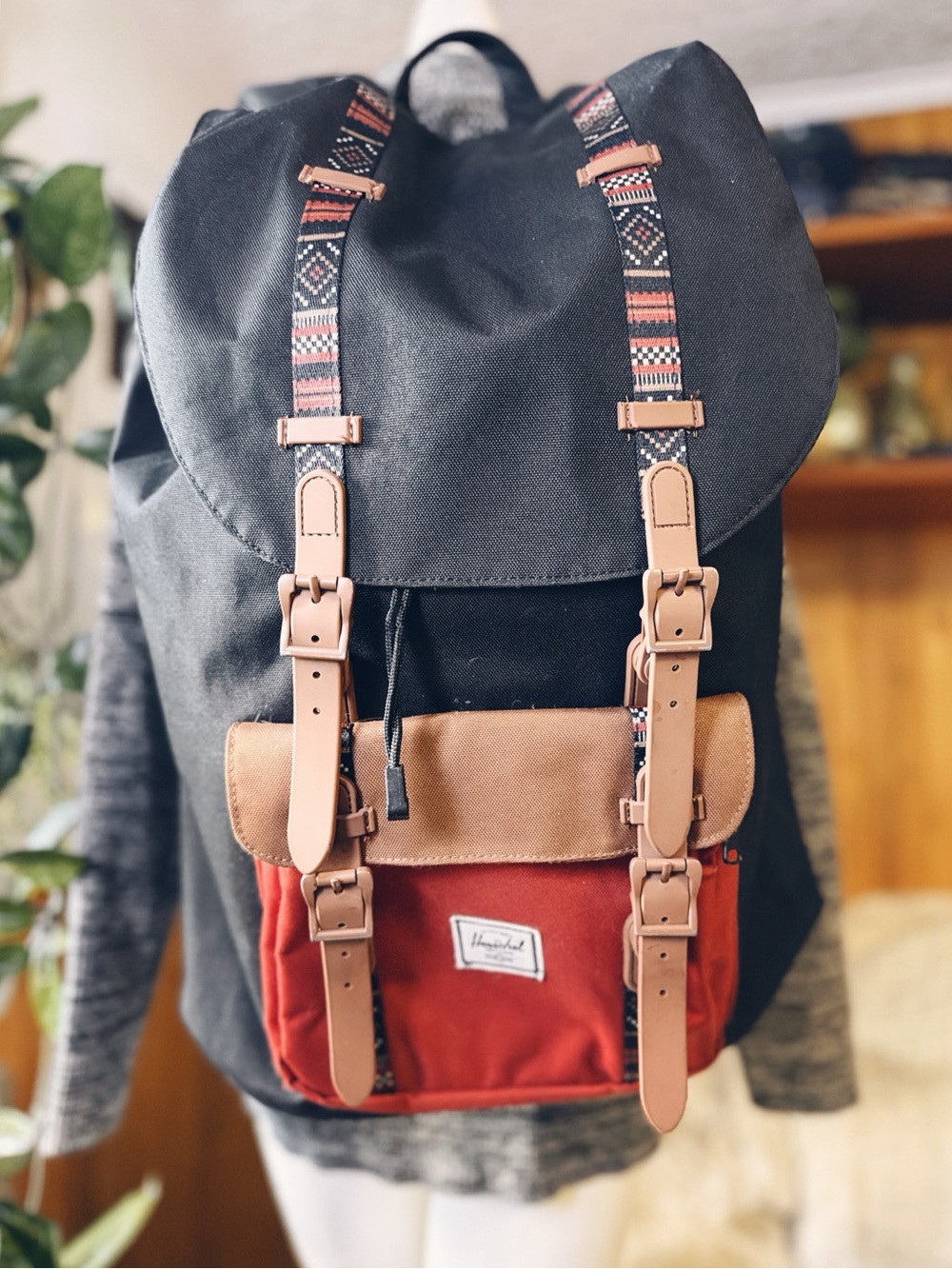 Herschel Little America Backpack Black Red Tribal Accent Laptop Backpack